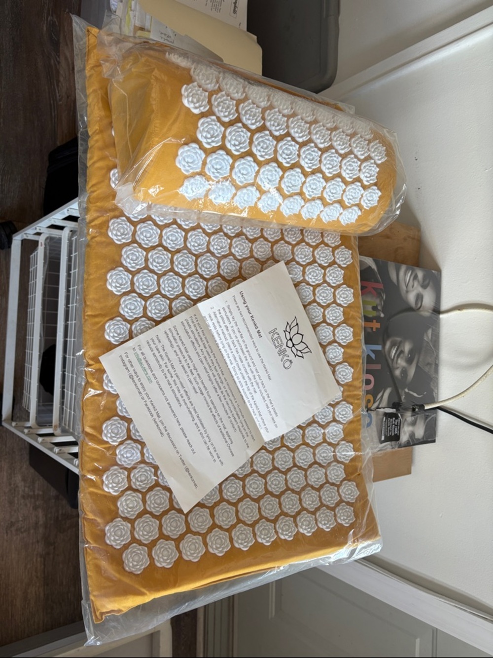 Kenko Acupressure Mat & Pillow Set in Mustard Yellow/ White Flower Spike Points